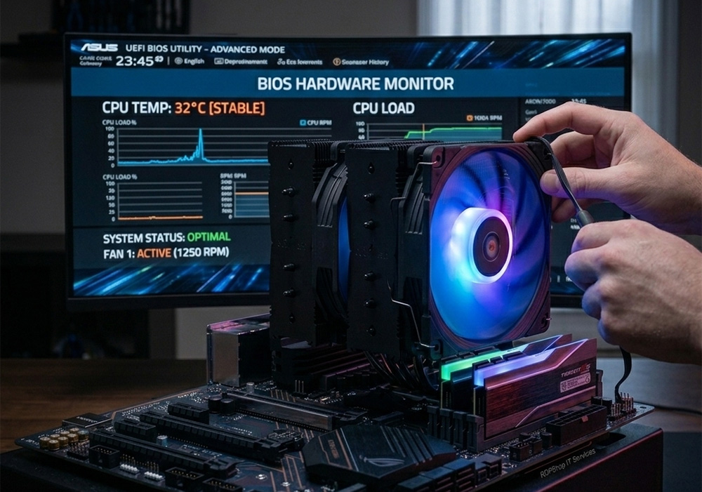 Most commonly changed BIOS settings for CPU fan control showing aftermarket cooler installed on a gaming motherboard