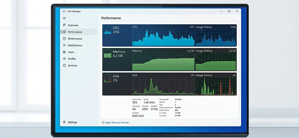 Windows Task Manager performance tab showing CPU memory and disk usage to clean computer so it runs faster