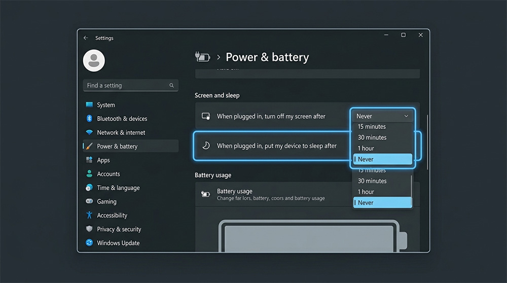Windows 11 power settings screen showing how to disable sleep mode