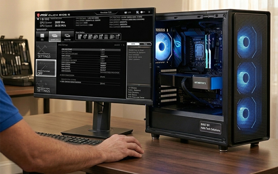 Monitor showing BIOS settings while putting together a gaming pc for first startup