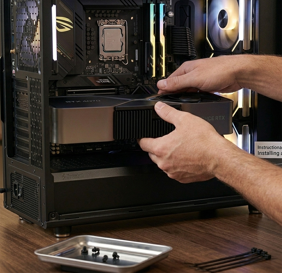 Hands carefully putting together a gaming pc by installing a graphics card