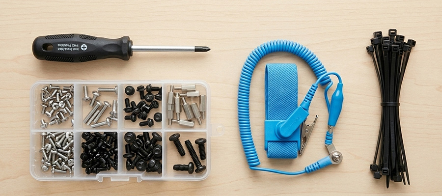 Tools laid out for putting together a gaming pc including screwdriver and cable ties