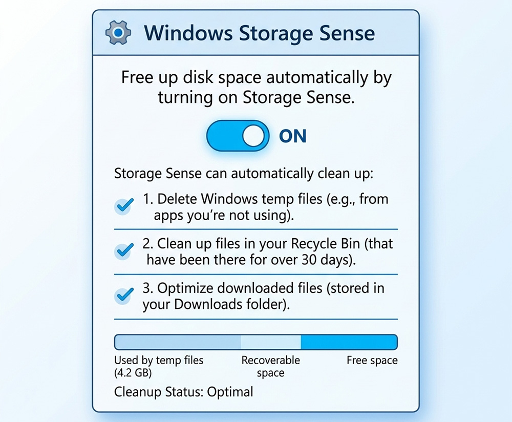 using windows storage sense is one way on how to delete windows temp files