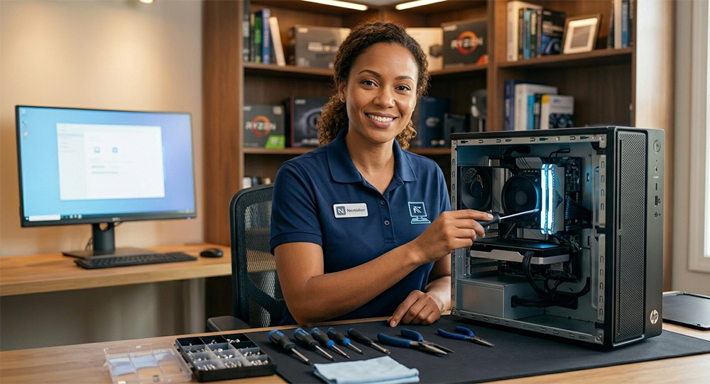 computer technician diagnosing a pc that won't wake from sleep mode