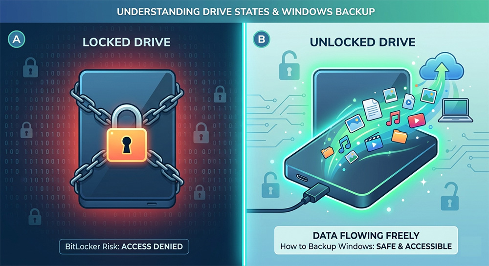 A split view of locked and unlocked drives illustrating how to backup Windows without BitLocker risk