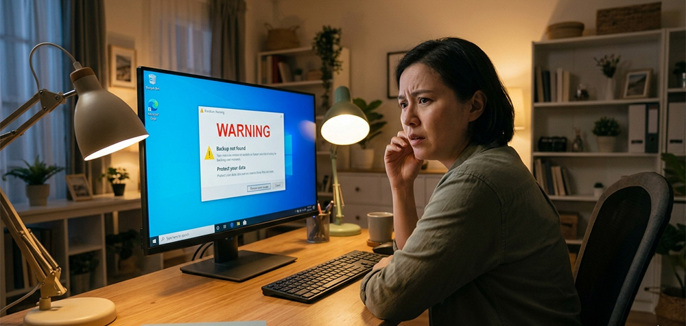 A person looking at a Windows warning screen learning how to backup Windows data safely