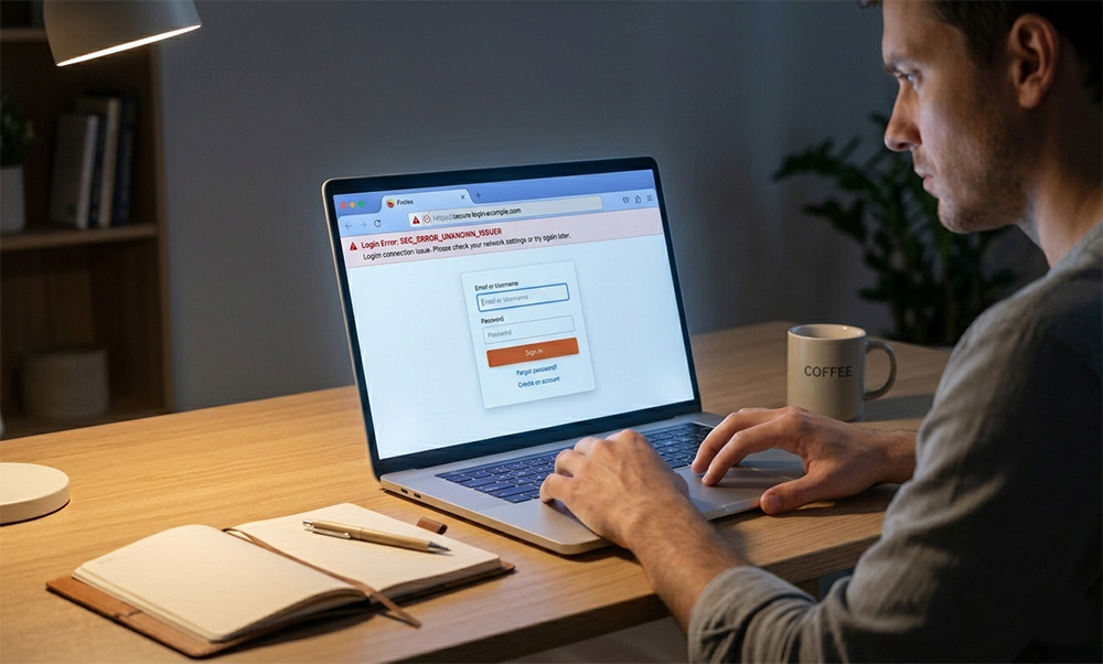 Person at a laptop troubleshooting a website login blocked by Firefox browser error