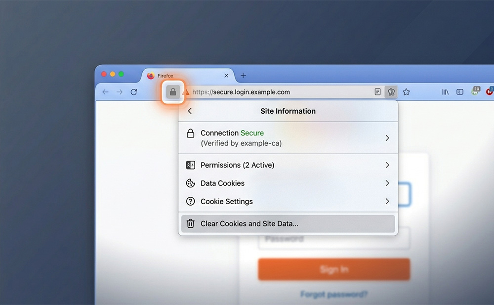 Firefox site panel showing the option to clear data for a website login blocked by Firefox