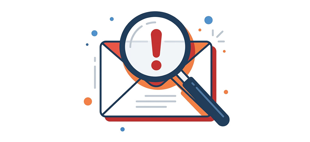 Magnifying glass over an envelope with a red exclamation point, showing how to identify scam emails by red flags.