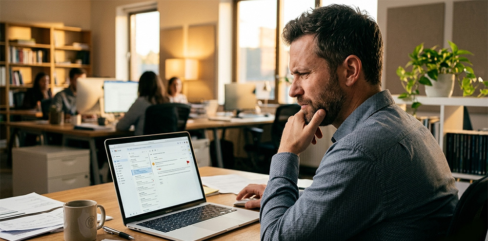 Person looking skeptically at an office monitor, learning how to identify scam emails in a crowded inbox.