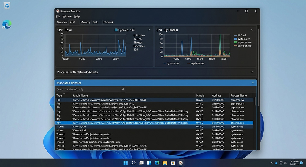 Windows Resource Monitor open on the CPU tab used to fix a file in use error