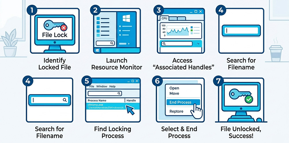Step by step visual guide showing how to fix file in use error using Windows Resource Monitor