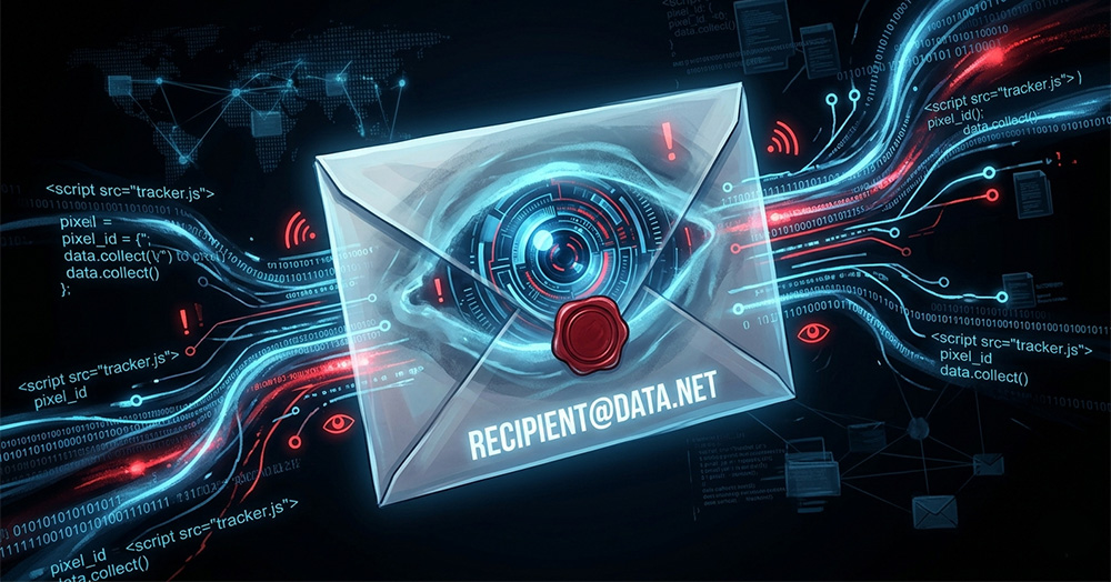 Conceptual tech illustration of an envelope with an eye, showing how to identify scam emails with data trackers.