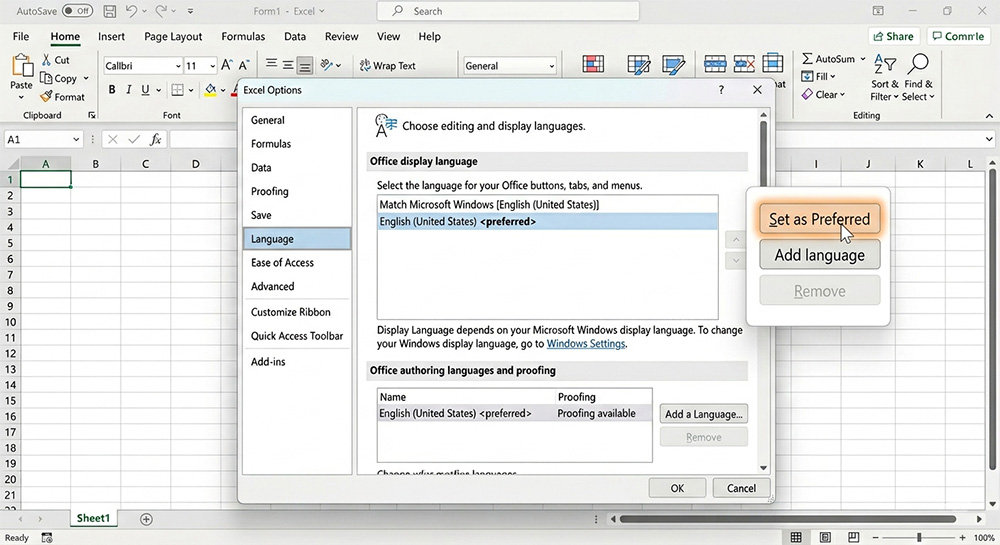 Excel language settings with English selected as preferred language to fix excel ctrl a not working 
