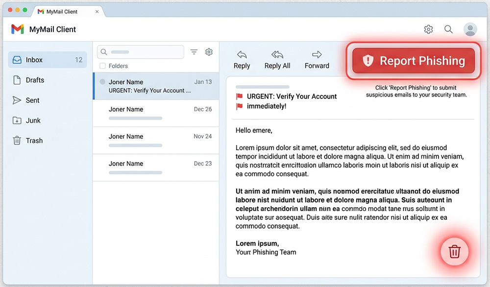 Email client interface with a highlighted Report Phishing button, showing how to identify scam emails and purge them.