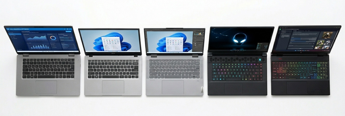 Five laptops lined up showing the best options covered in this laptop buying guide