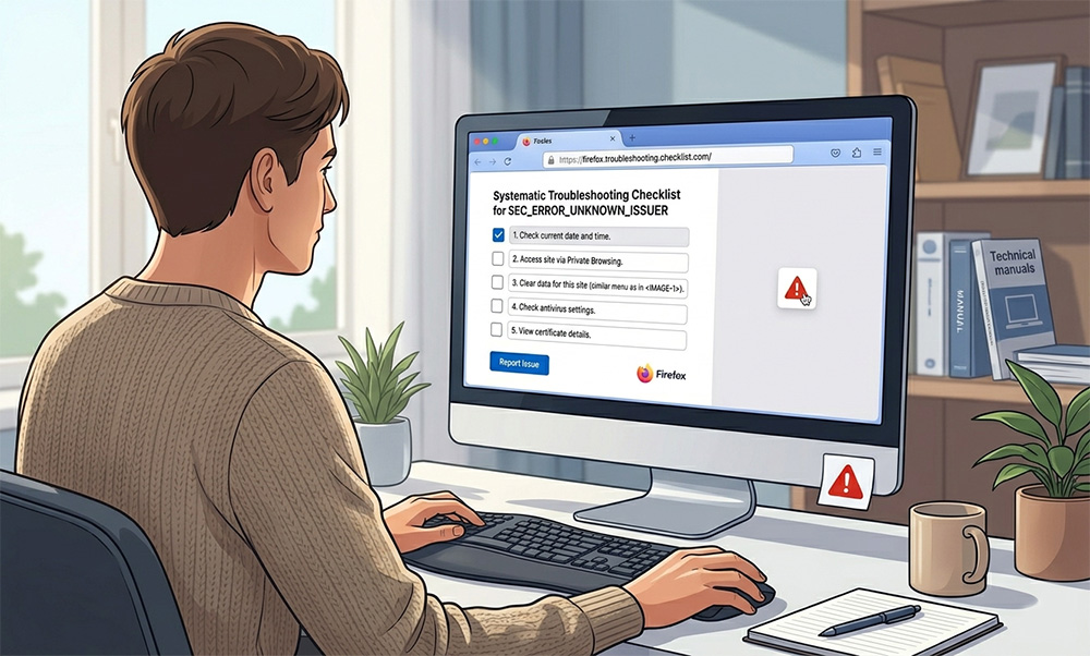 Person reviewing troubleshooting steps for a website login blocked by Firefox on screen