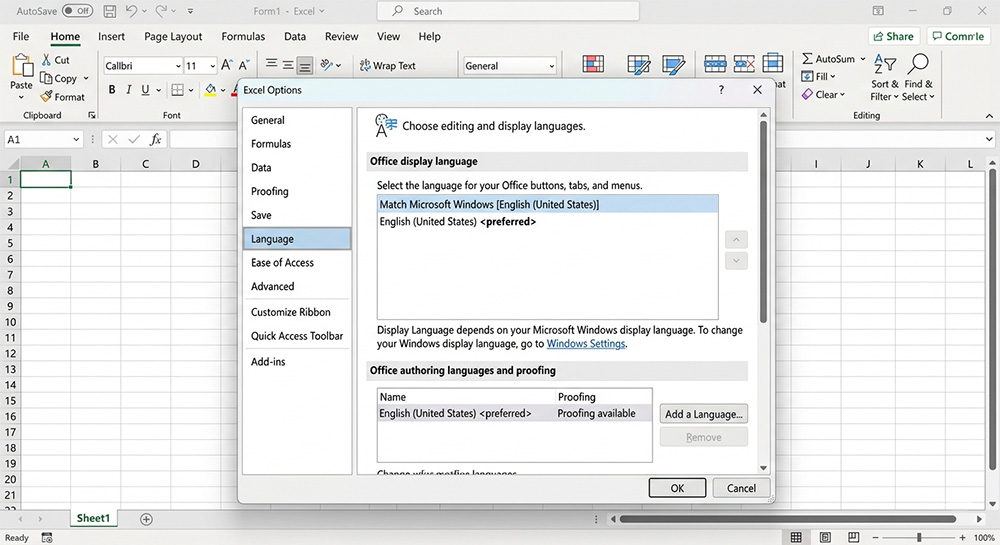 Excel Options Language tab showing Match Microsoft Windows setting causing excel ctrl a not working 