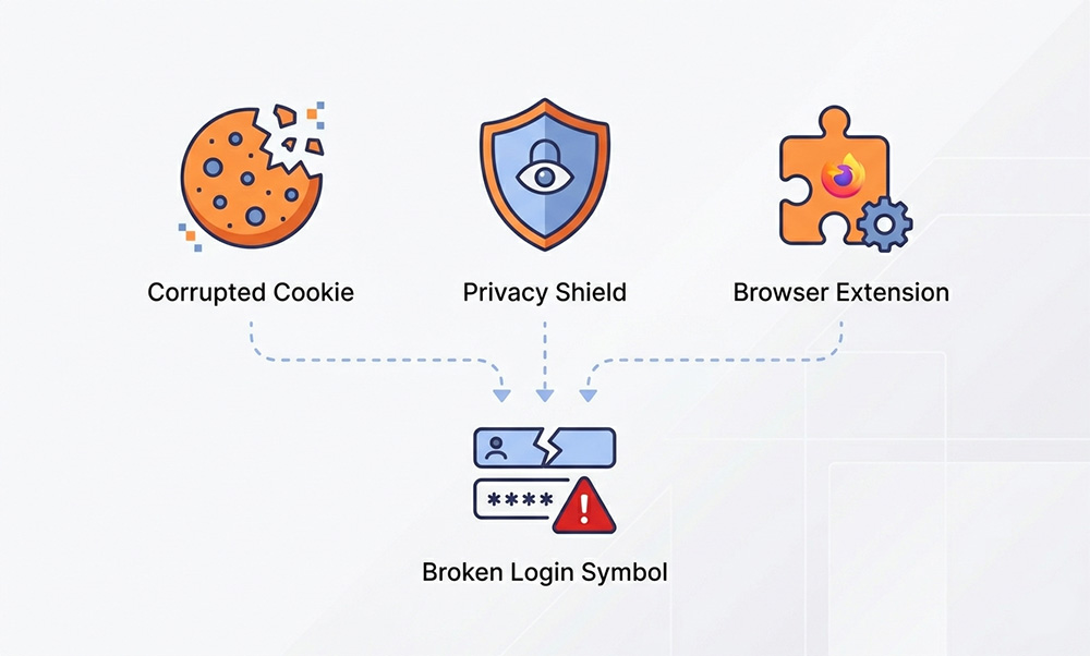 Diagram showing three causes of website login blocked by Firefox including cookies and extensions