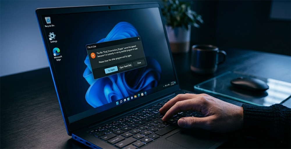 Windows desktop showing a file in use error dialog box during a file operation