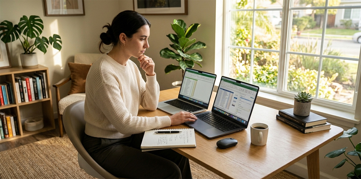 Person using a laptop buying guide to compare two laptops side by side at home