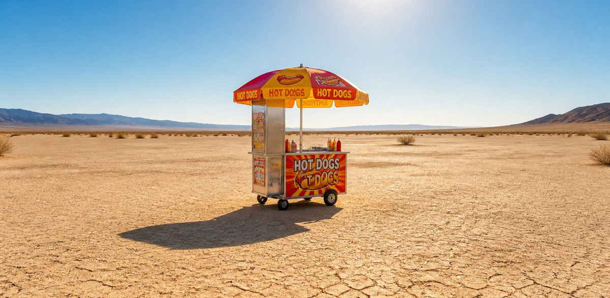 Lonely hot dog stand in vast empty desert representing a website not showing up on Google with no visitors