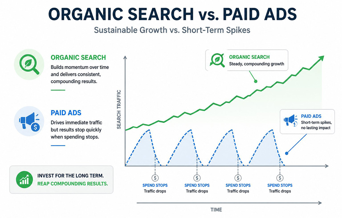 Infographic comparing organic SEO traffic growth to paid ads as the best way to get traffic to your website