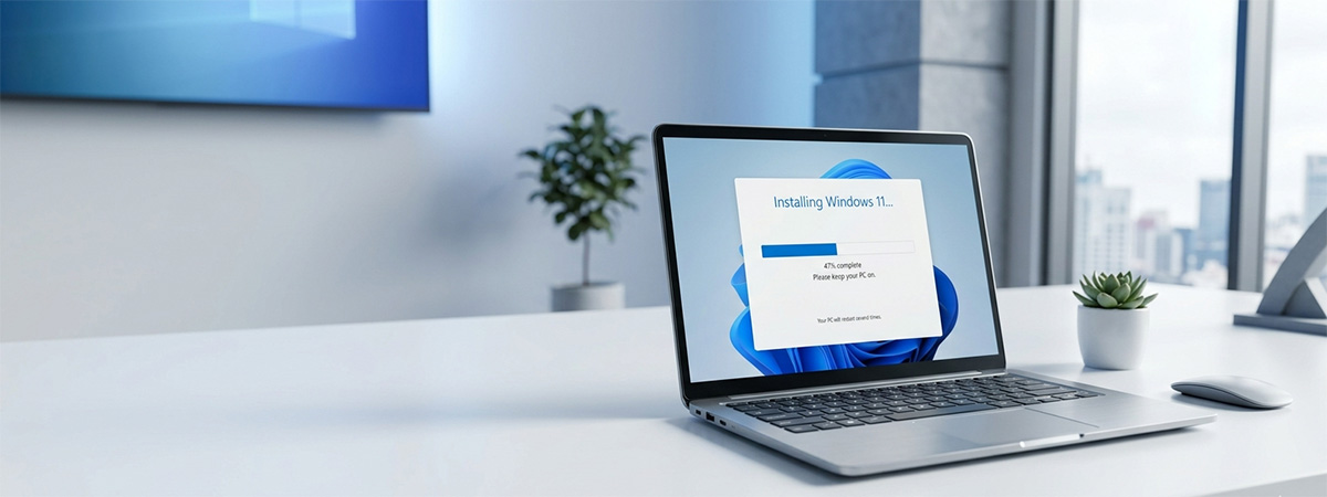 Laptop showing Windows 11 installation progress bar illustrating how long does it take to install Windows 11
