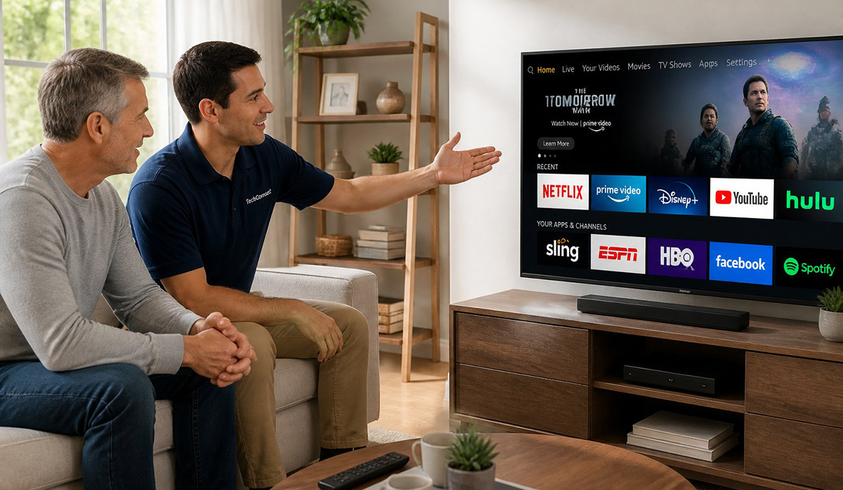 Technician walking customer through streaming service setup after going over how to setup a streaming service