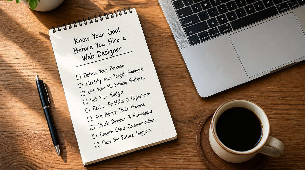 Handwritten planning checklist before hiring a web designer to avoid misconceptions of a web design