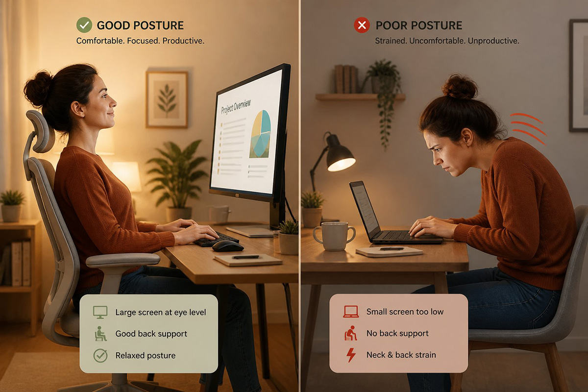 Benefits of a docking station shown through posture comparison