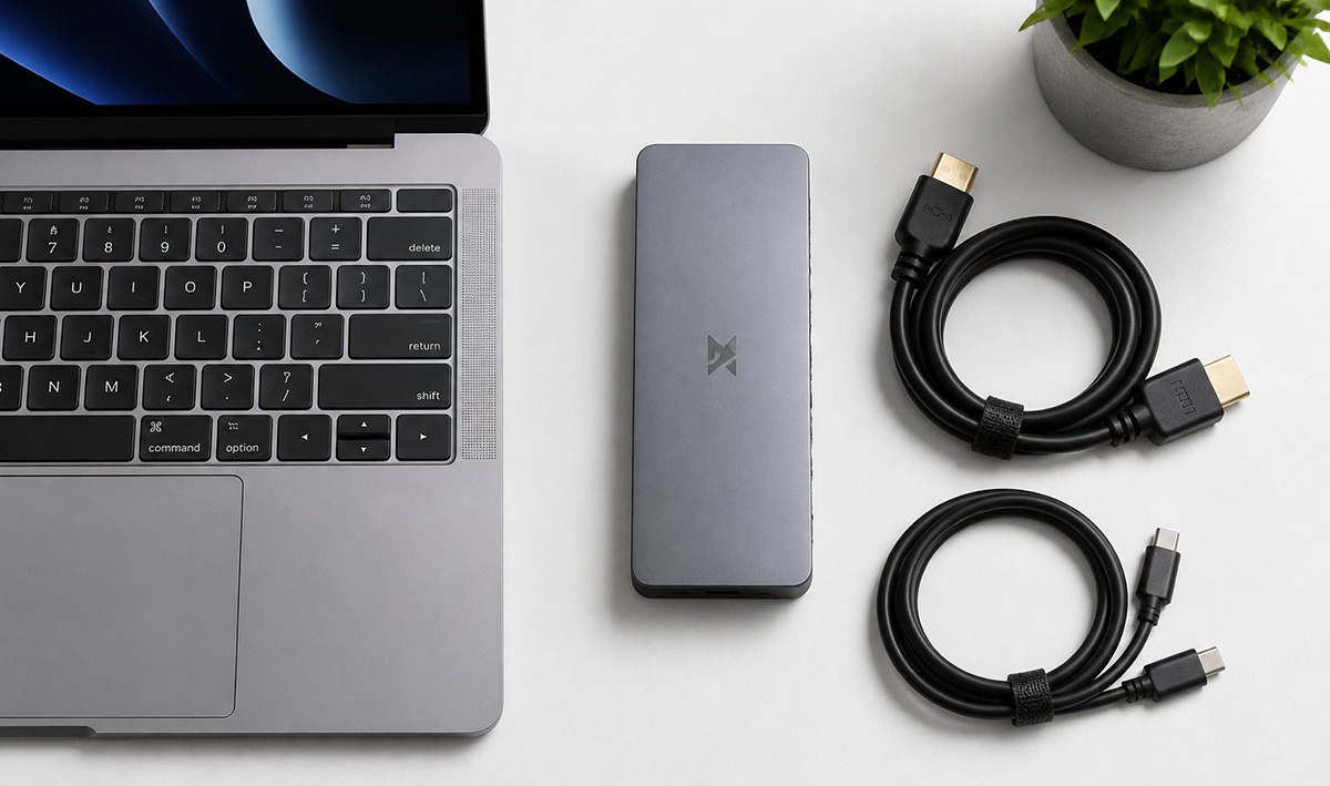 Laptop docking station with cables ready to check