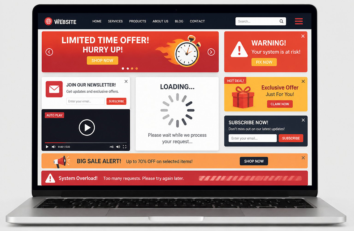 Cluttered flashy homepage showing misconceptions about web design in action