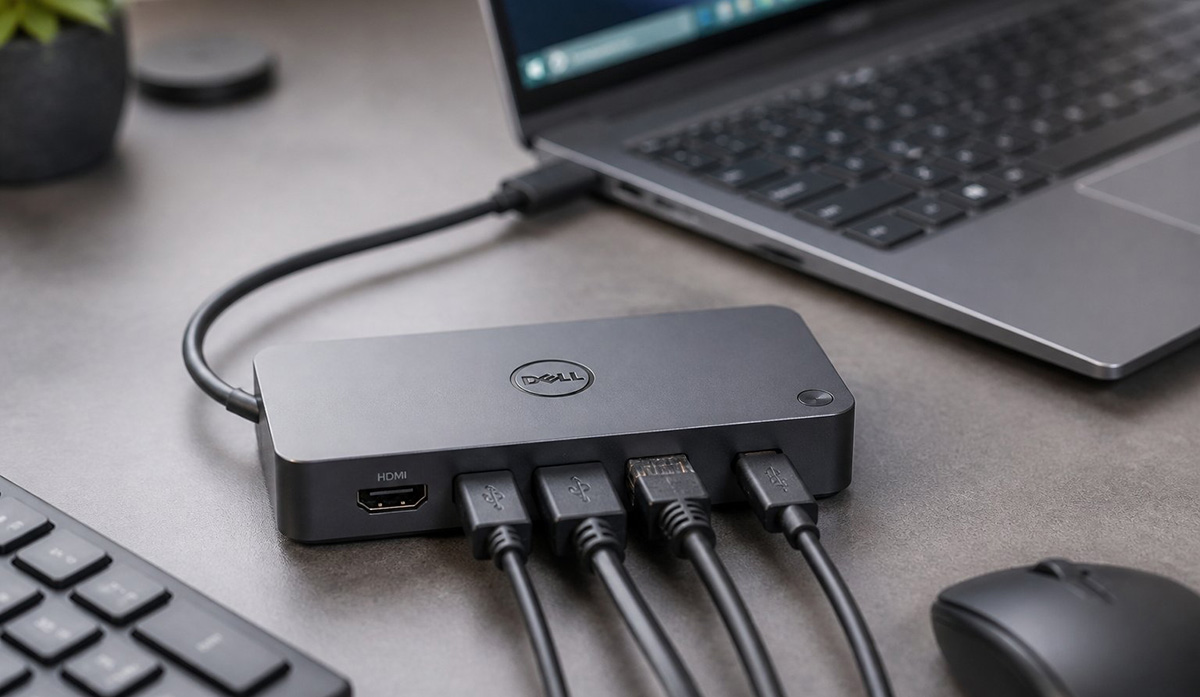 Compact laptop docking station with cables connected neatly