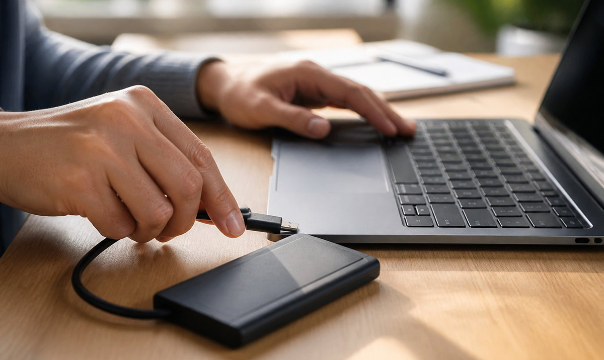a person learning how to transfer files to a new computer from the old one