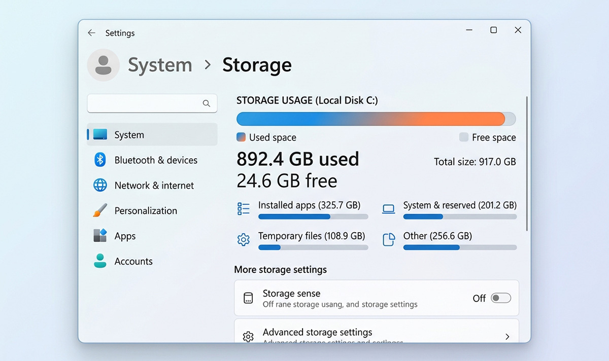 Alt text: "Storage usage screen showing a nearly full computer hard drive