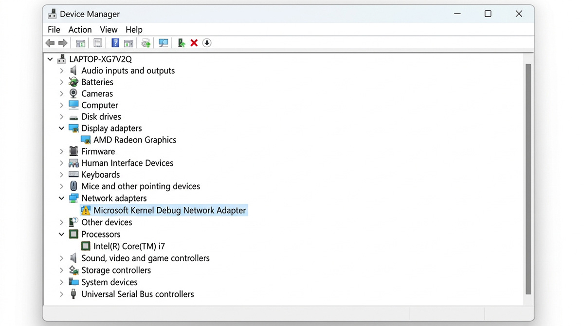 Device Manager showing a driver warning icon on laptop keeps restarting issue