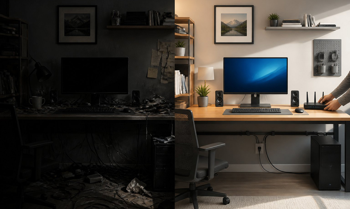 Before and after transformation of a messy home office setup