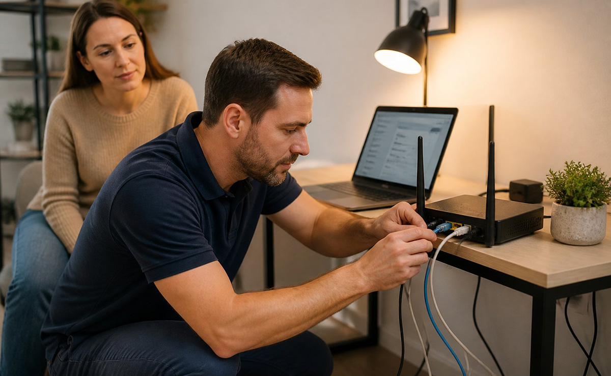 IT technician troubleshooting a home office setup network