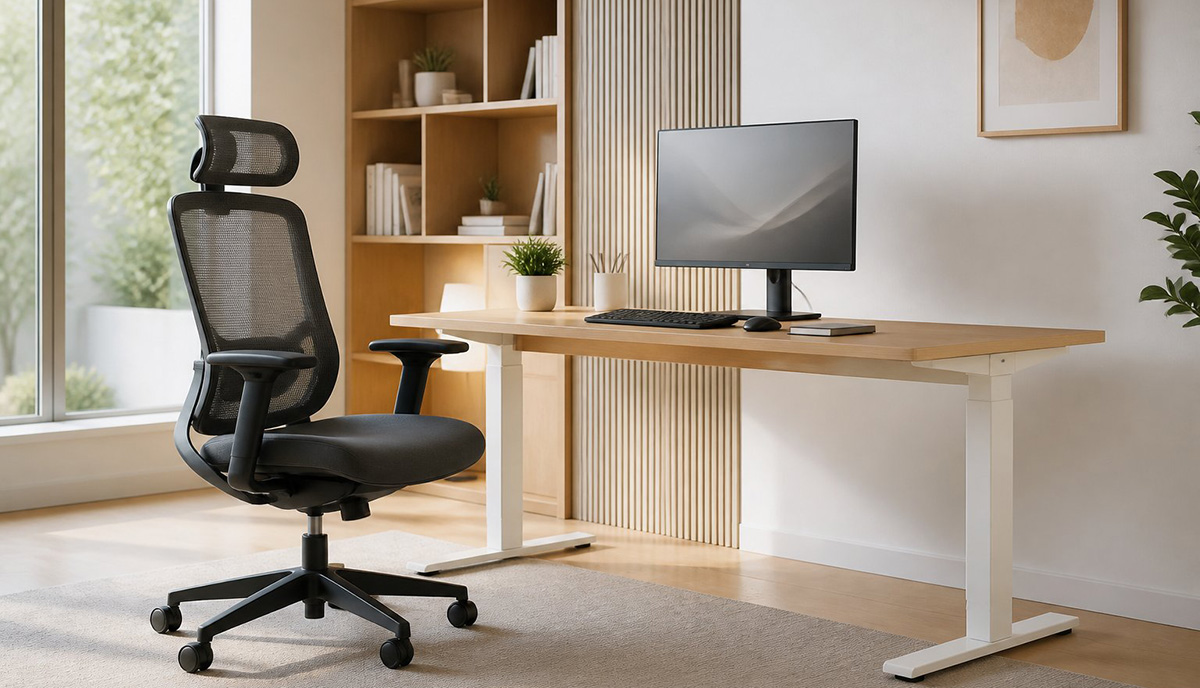 Ergonomic computer chair setup next to finished computer desk assembly workstation