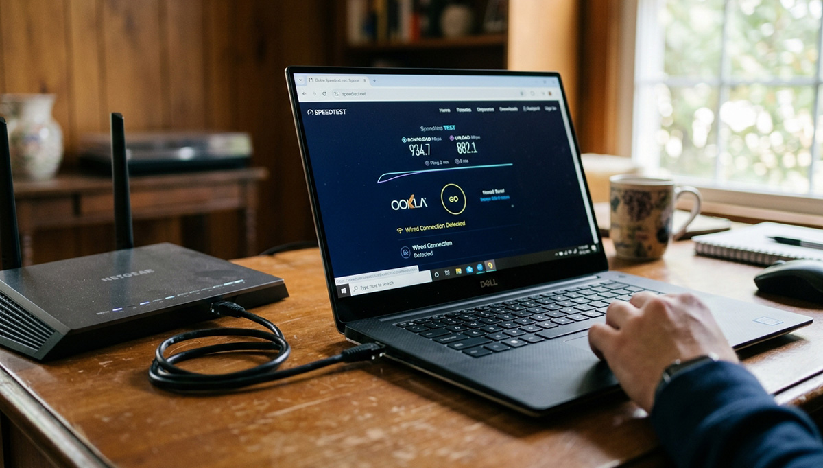 Laptop wired to router running a speed test to check internet speed