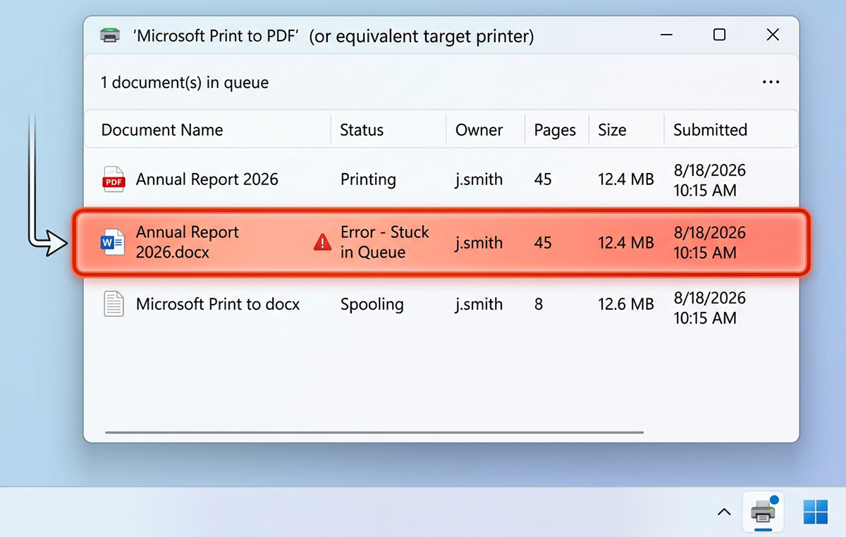 Hand clearing a stuck document from a Windows print queue screen when the printer won't print