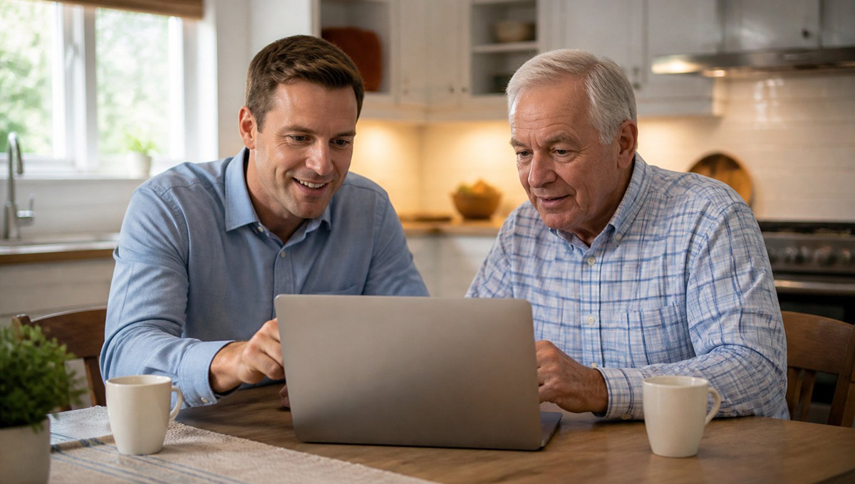 Senior receiving in-home mobile computer repair assistance