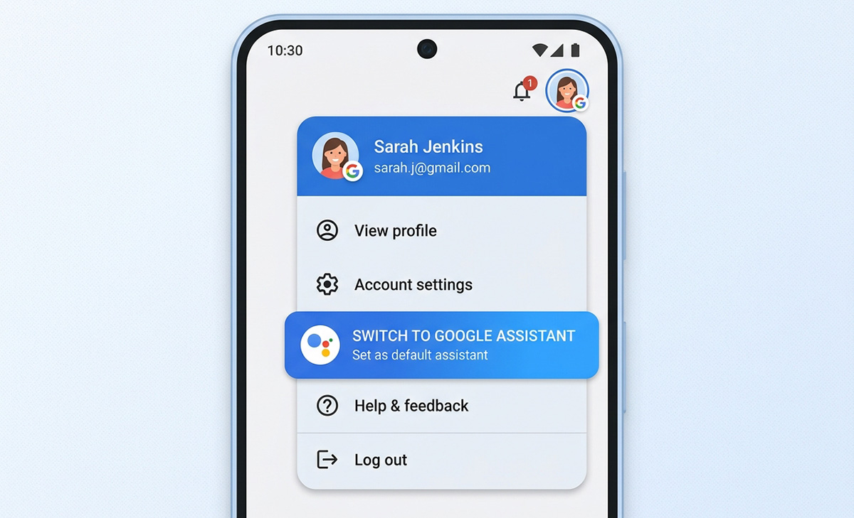 Assistant switch menu for how to disable Gemini on Android