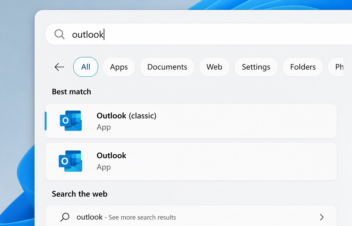 Windows Start menu showing how to switch outlook back to classic view