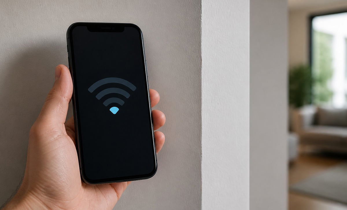 Phone showing weak Wi-Fi signal near a thick interior wall