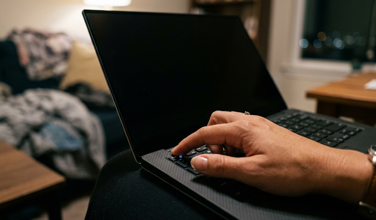 Hand pressing laptop power button while laptop black screen stays dark