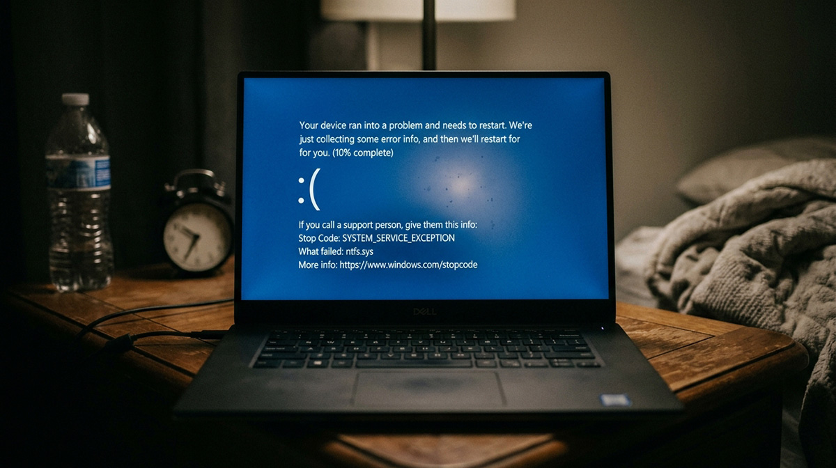 Laptop shows a blue screen with an error stop code visible