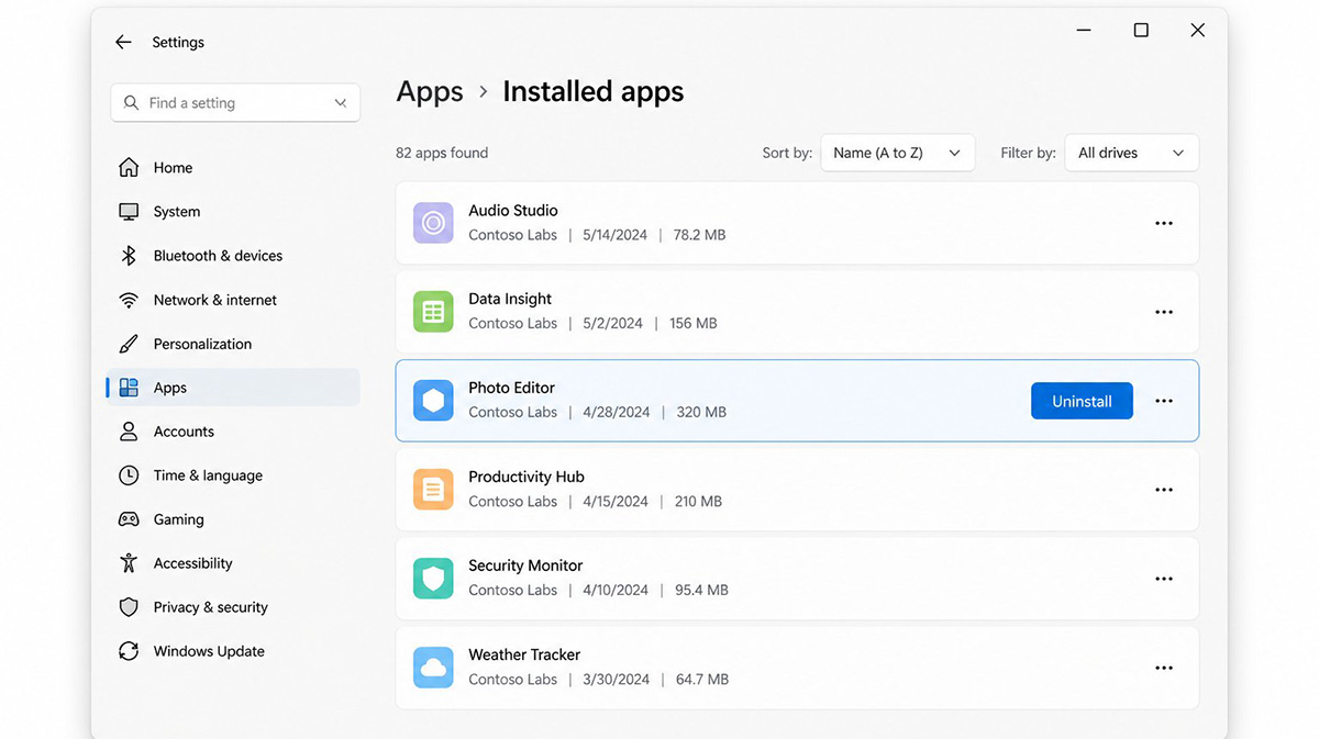 Windows Settings app list for uninstalling new Outlook