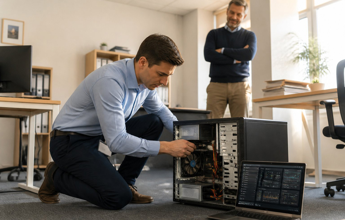 Technician providing IT support for small business at an office desk